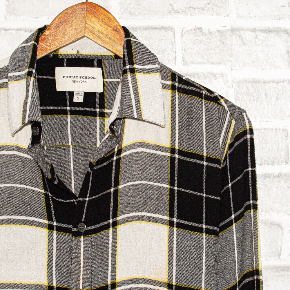 Public School NY Art Patch Button up Shirt Gray Plaid Size Small - Picture 7 of 8